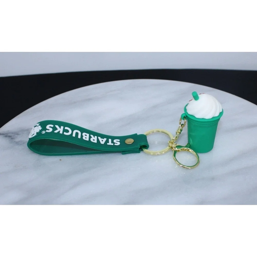 Frappuccino Keychain Green Cup Silicone Wristlet Strap Gold Hardware
